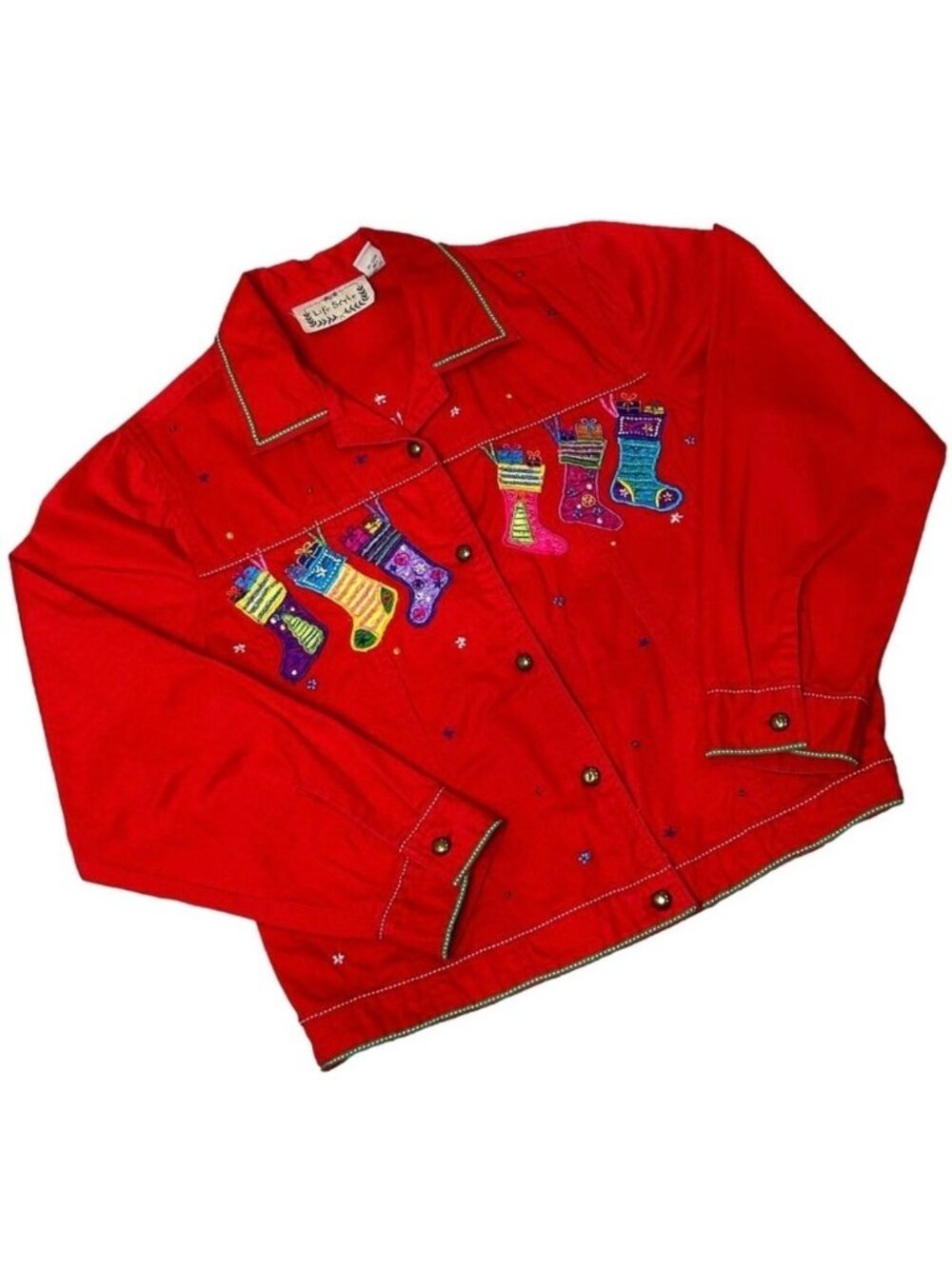 VINTAGE '90's Jacket Christmas Embroidered Multicolor Red Festive Size Large